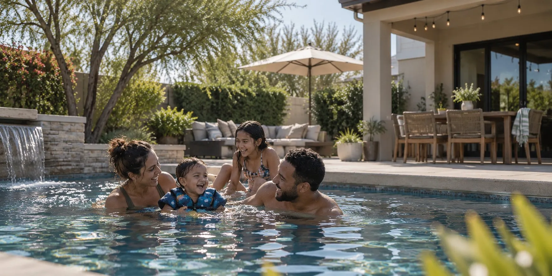 Family playing together in their backyard pool
