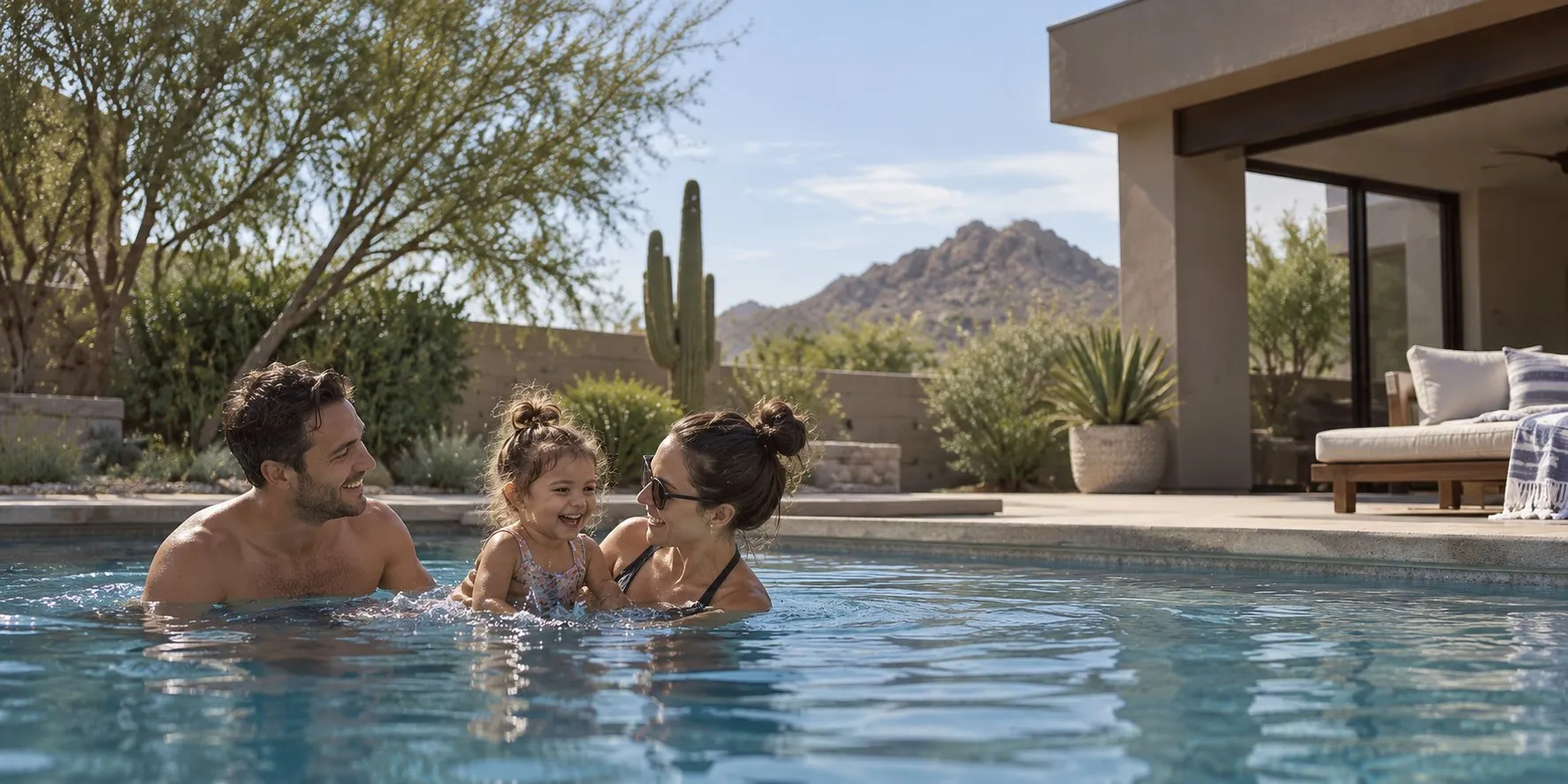 Family playing with their toddler in a backyard pool