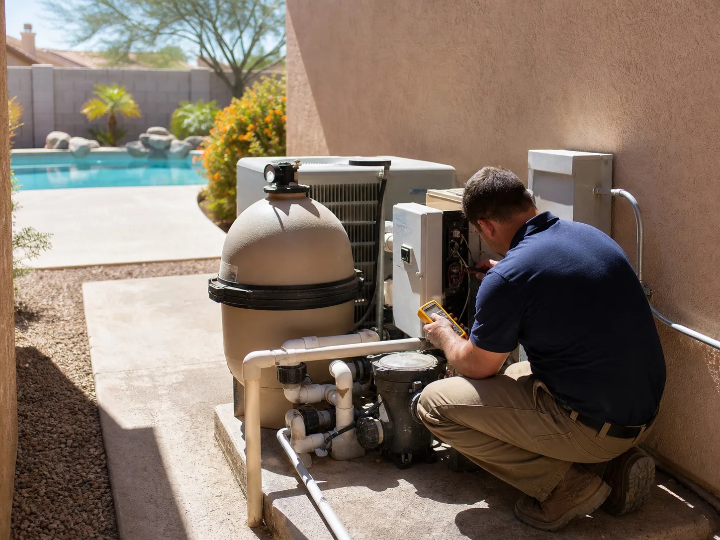 Technician diagnosing pool equipment