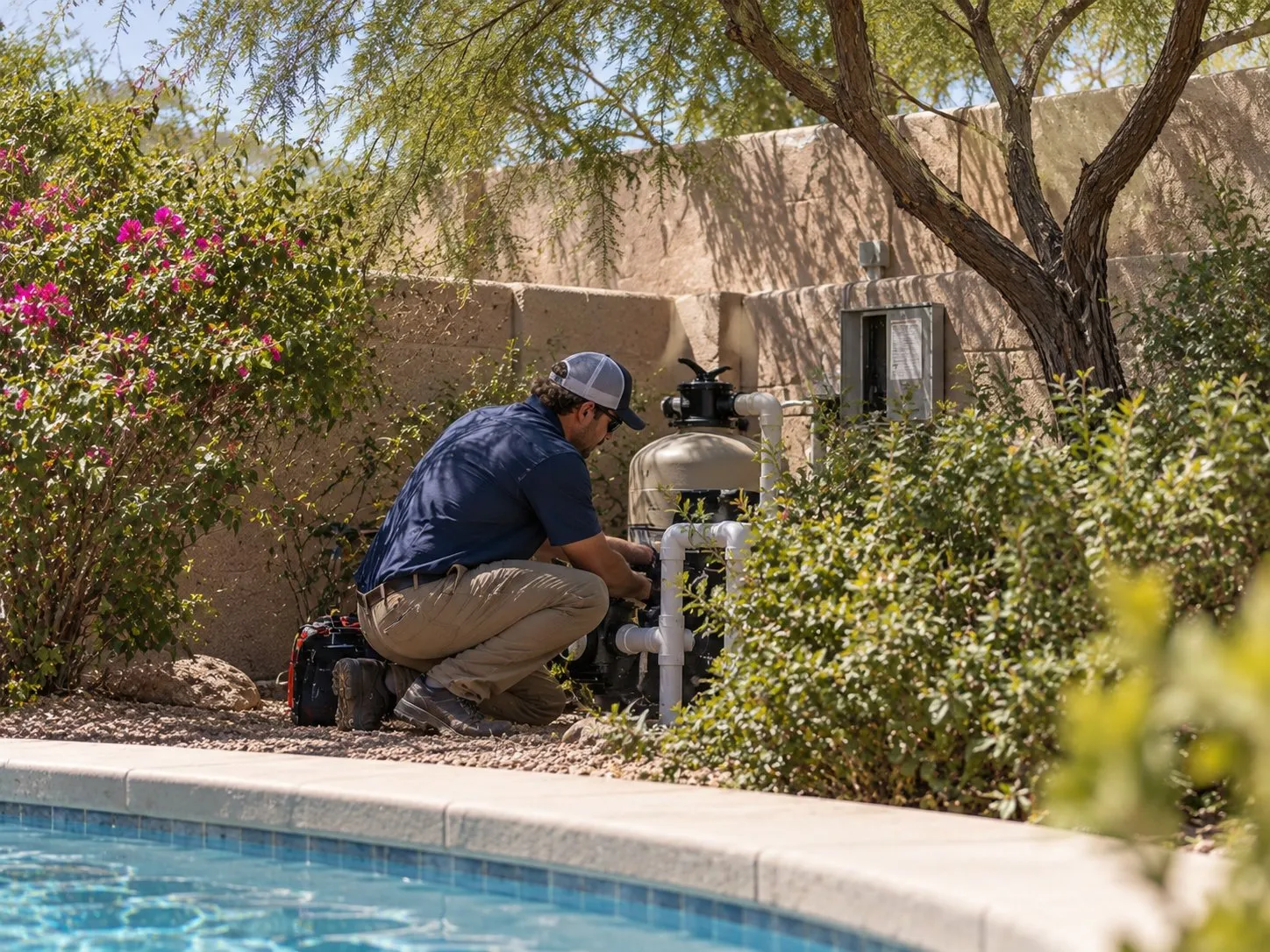 Technician checking pool equipment plumbing for leaks